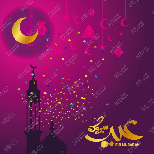 A golden crescent moon in a purple sky with decorative patterns of stars and lanterns, and the text \"Eid Mubarak\" in gold.