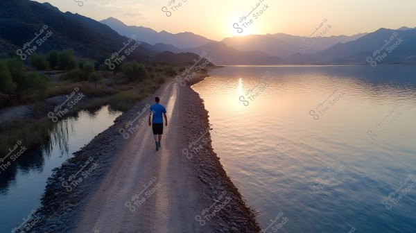 A narrow, rugged path stretches along the edge of calm water during sunset, with a person walking wearing a blue shirt and dark shorts. The sides feature green vegetation and tranquil water reflecting the sunlight, with mountains visible on the horizon under a cloudy sky.