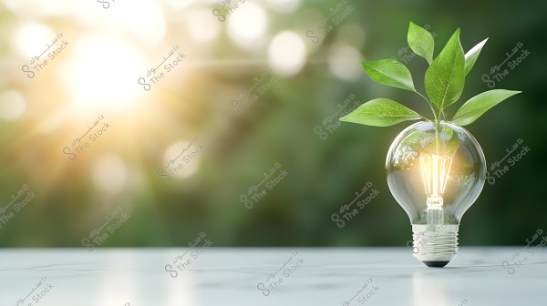 A glass light bulb containing a small green plant growing inside is placed on a light-colored surface, set against a blurred green background. Bright sunlight streams in from the left, casting a warm glow over the scene.