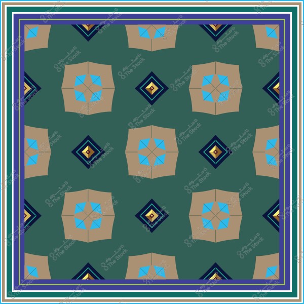نمط هندسي متماثل بتصميم نجوم سداسية باللون الأزرق والبني على خلفية خضراء, محاطة بإطار مخطط بألوان متعددة.