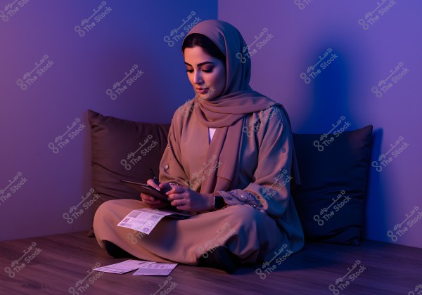 Image of a woman sitting on the floor in a room with dim blue and purple lighting. She is wearing a beige abaya and matching hijab, possibly indicating Gulf region origin. She is looking at a tablet with a stylus in her hand, with papers spread out in front of her on the floor. She is seated on a dark cushion.