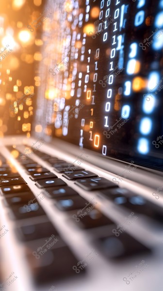 An image depicting a laptop keyboard with a background of a glowing binary matrix of numbers (0s and 1s). The digits are brightly displayed in white and orange, providing a high-tech appearance. The focus is on the keyboard in the foreground, with a blurred effect on the background.