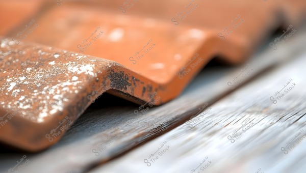 A close-up image of an old terracotta tile, brownish-orange in color, with some white spots and signs of wear, placed on a light-colored wooden surface. The wood appears slightly weathered with cracks and grain patterns.