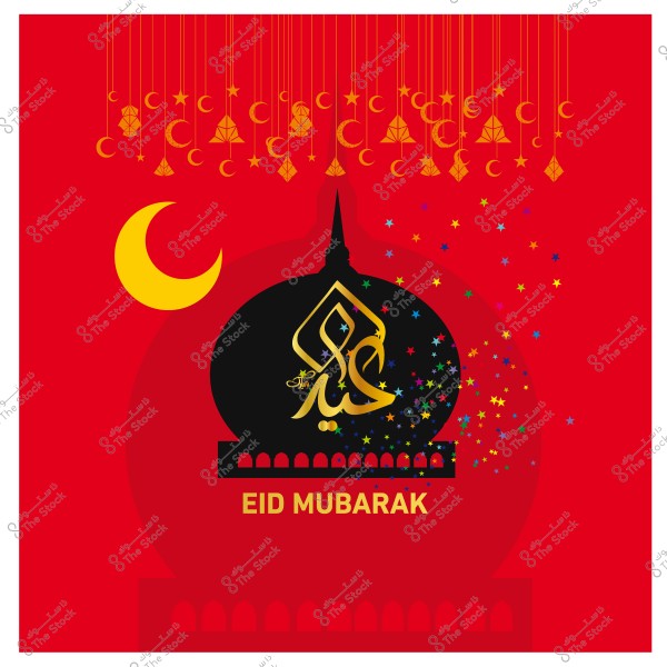 تصميم تهنئة عيد مبارك باللونين الأحمر والأسود, يظهر فيه هلال وزخارف ذهبية ونجوم ملونة.