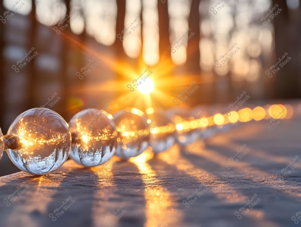 A series of clear glass spheres on a flat surface, reflecting golden sun rays shining from the horizon. The horizon is bathed in a glowing sunlight, with a clear contrast between light and shadow on the surface. In the background, blurred trees provide a sense of nature and tranquility.