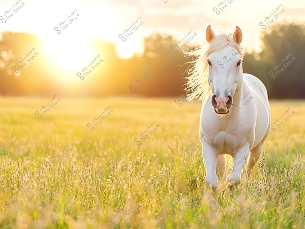 A beautiful white horse running through a grassy field during sunset. The sun is bright in the background, casting a golden glow over the scene. The wind flows through the horse\'s mane, giving it a majestic appearance amidst the tranquil nature.