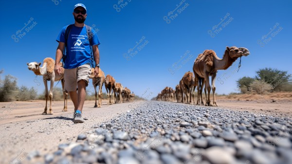 The image shows a man wearing a blue shirt, beige shorts, and a cap, walking on a gravel-paved road in the desert. He is flanked by a herd of camels walking in the same direction. The sky is clear blue, and some small shrubs are visible in the background.