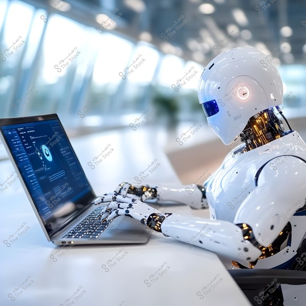روبوت حديث يجلس على مكتب في بيئة عمل داخلية مضيئة, يقوم باستخدام جهاز كمبيوتر محمول. الروبوت مصنوع من مواد معدنية ولامعة, ويظهر أجزاء إلكترونية ودوائر في المفاصل. الشاشة تعرض رسومات بيانية وبرمجيات.