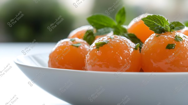 The image shows a collection of orange melon balls placed in a white dish. The balls are garnished with fresh mint leaves and appear glossy and fresh. The background is blurred, emphasizing the focus on the fruit.