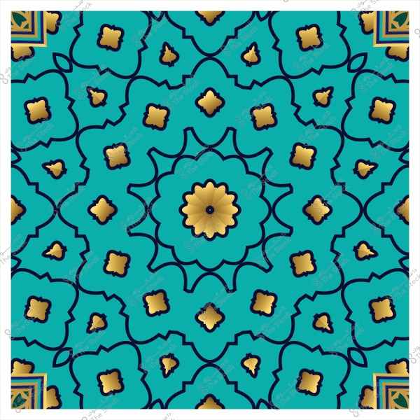 تصميم هندسي متناسق بأشكال ذهبية وزرقاء عصرية بألوان زاهية.