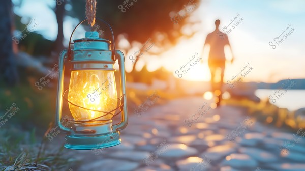 An old oil lantern hangs and shines brightly in the foreground. In the background, a blurry cobblestone path leads towards a lakeside, where an indistinct person walks towards an orange and golden sunset, casting a warm glow over the scene.