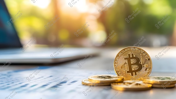 Image of gold Bitcoin coins placed on a surface next to a laptop. The Bitcoin symbol is clearly visible on one of the coins in the foreground, with sunlight reflecting in the background, giving a warm illumination to the scene.