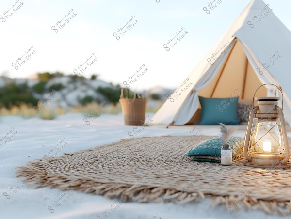 A small white tent in an open desert setting, with a background of blue sky and wispy clouds. In front of the tent, a beige woven rug decorates the sandy ground. On the rug, decorative lanterns emit a soft light, accompanied by a straw hat and a blue cushion. Next to the tent, there\'s a basket holding a desert plant. The ambiance is tranquil, suggesting a retreat in nature.