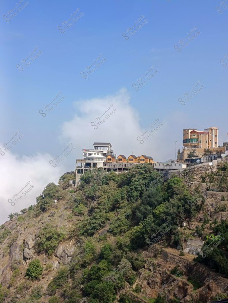 منظر طبيعي لجبل مغطى بالخضرة, تُشاهَد عليه مجموعة من المباني, من بينها مبنى بارز ذو تصميم عصري على حافة الجبل. السماء زرقاء صافية مع وجود غيوم بيضاء.