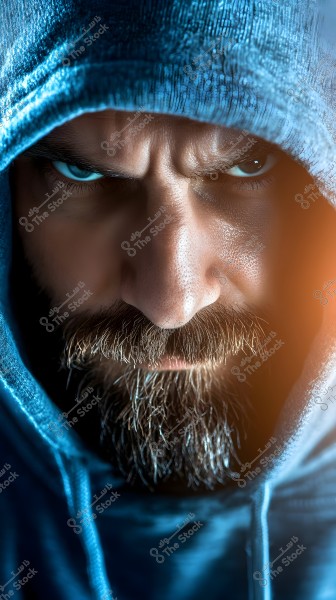 A close-up image of a person\'s face wearing a blue hooded sweatshirt, partially covering their head. The person has a stern expression with a piercing gaze. The lighting highlights the texture of the skin and the beard clearly.