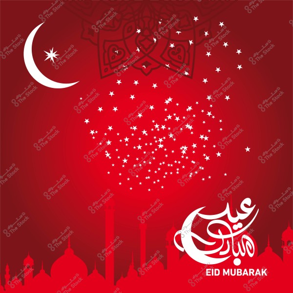 Eid greeting card featuring a crescent moon and stars over a red background with \"Eid Mubarak\" written in Arabic calligraphy and Islamic patterns.