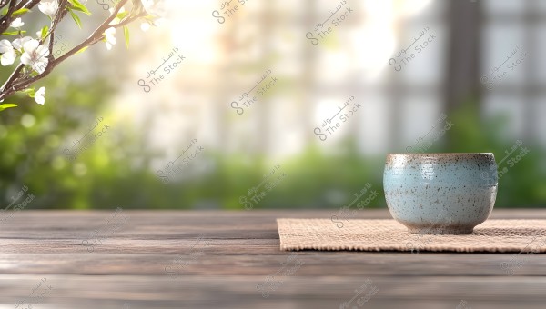 A blue ceramic cup placed on a woven mat on a wooden table, surrounded by branches of a flowering tree. The background features soft sunlight illuminating the area, with trees and a blurred ambiance in the backdrop.