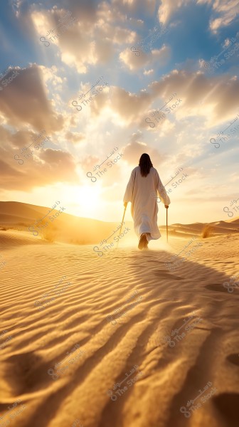 A person wearing a long robe walking in the desert, holding a staff in both hands. The sun is rising on the horizon, casting long shadows on the golden sand. The sky is adorned with scattered clouds in warm orange and blue hues.