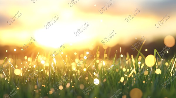 Image of a field of green grass at sunset, with sunlight casting a shimmering effect on the grass. Bright droplets of light appear among the grass, adding a magical touch to the natural scene. The sky in the background is illuminated with the soft glow of the sun.