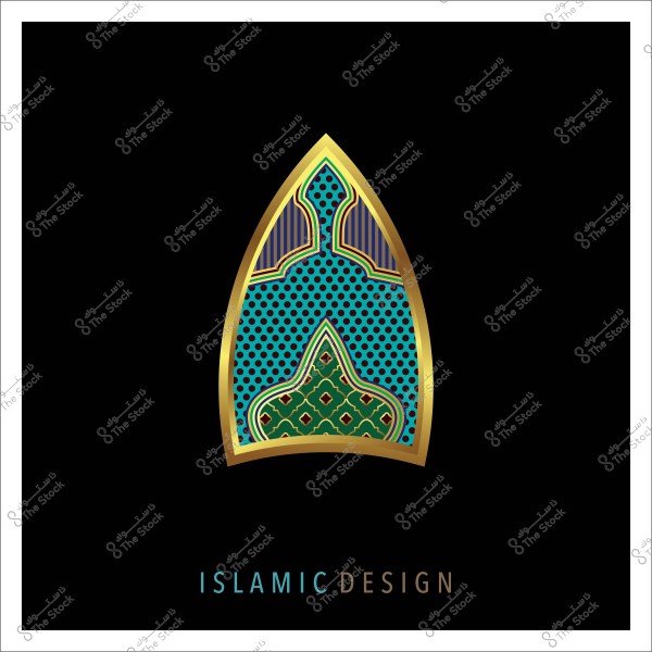 Islamic art design featuring an oval decorative shape outlined with a golden frame on a black background. The decoration includes a blue and green pattern with multi-colored dots and lines. Below the design is the text \"ISLAMIC DESIGN\" in blue and brown colors.
