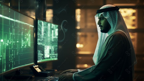 لقطة جانبية لموظف سعودي يجلس في مكتبه يعمل على حاسوبه ويكتب على لوحة المفاتيح، بواسطة ذكاء اصطناعي