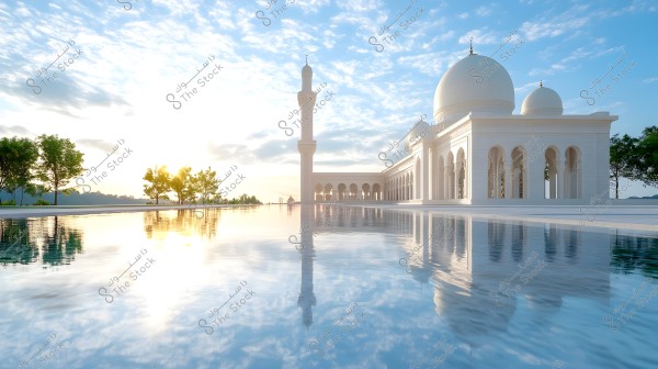 A view of a mosque with a dome and minaret built in white and gold tones, surrounded by a wide courtyard reflecting its image on the water surface. The mosque is set against a blue sky with scattered clouds as the sun rises on the horizon, with trees standing beside the water to the left.