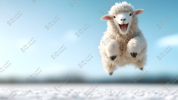 An image of a small white lamb running and appearing joyful, in a scene filled with happiness and energy against a backdrop of a clear blue sky with a layer of snow or white sand beneath. The lamb is mid-jump, adding a playful touch to the image.