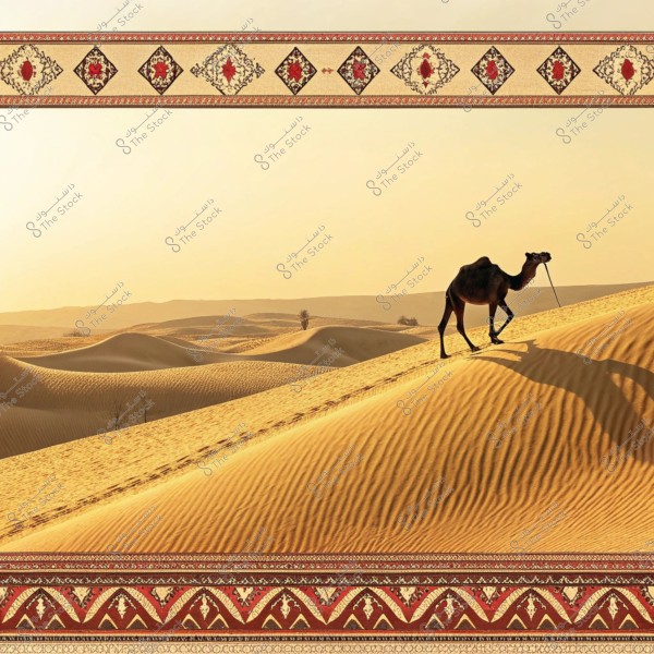 منظر صحراوي يظهر فيه جمل يمشي على كثبان رملية تحت سماء مشرقة. النسيج الرملي يظهر التفاصيل المتموجة الجميلة, ويوجد في الجزء العلوي والسفلي إطار مزخرف بنقوش تقليدية بألوان الأحمر والأسود والذهبي.