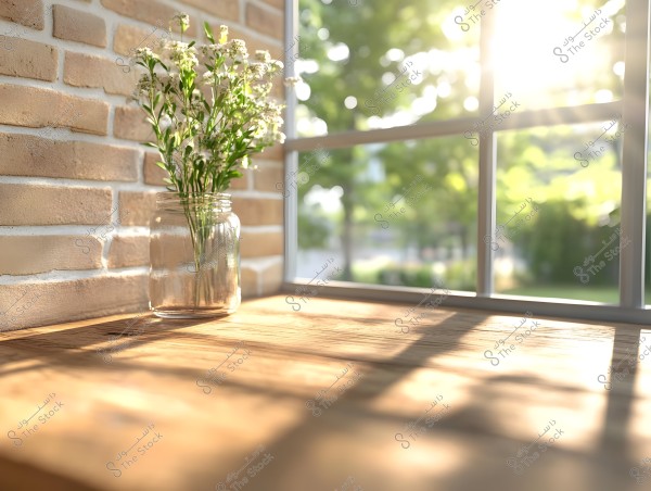 A glass jar containing small white flowers placed on a wooden table next to a brick wall. Sunlight streams in from the window in the background, casting shadows on the table\'s surface.