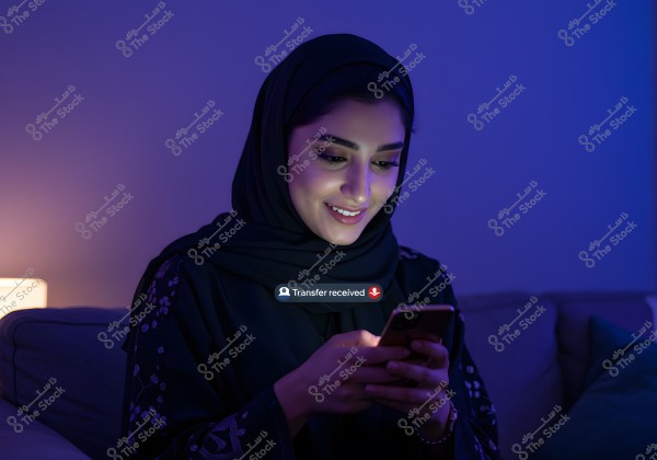 Image of a woman wearing a dark-colored hijab and a dress with floral embroidery, sitting on a couch and using a smartphone with a smile. A soft blue light reflects on her, and a notification on the screen reads \"Transfer received.\"