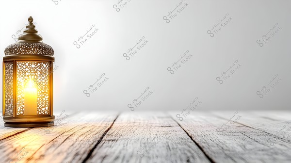 Image shows a traditional lantern lit with a candle inside, placed on an aged wooden surface. The golden glow emanating from the lantern creates a warm and serene atmosphere. The background is simple and soft in light white.