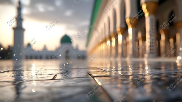 Image showing the courtyard of a large mosque in Medina, Saudi Arabia, at sunset. A green dome and a minaret are visible in the background, with lights shimmering on the wet ground, reflecting the golden light from the surrounding columns.