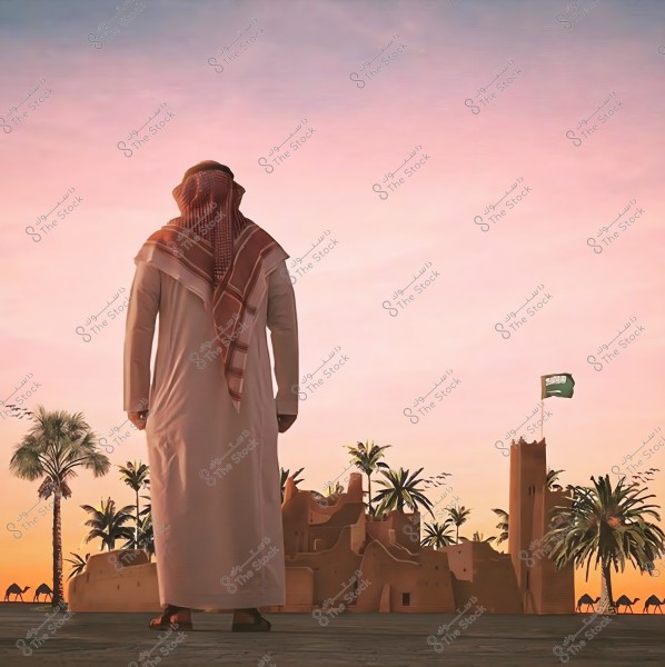 The image shows a person wearing traditional Saudi attire with a red and white checkered shemagh, standing and facing a traditional mud village featuring palm trees and towers, with the Saudi flag flying atop one of the towers. In the background, camels are walking in the desert along with palm trees, set against a colorful sunset sky.