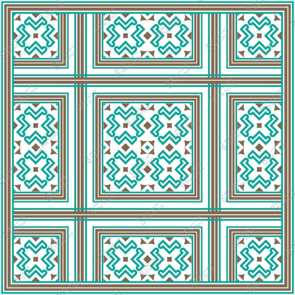 تصميم هندسي بزخارف تقليدية باللونين الأخضر والبني, يتضمن أنماطًا متكررة مربعة.