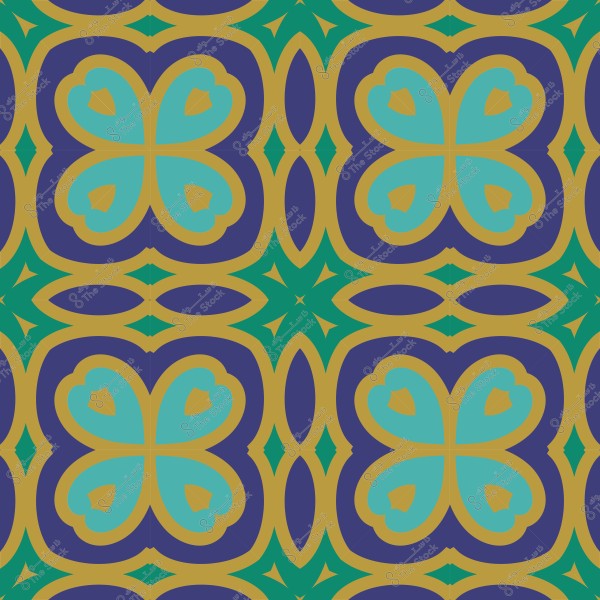 نمط زخرفي ذو ألوان متناسقة من الأزرق والأخضر والذهبي, بتصميم متناظر يشبه الزهور والنجوم.