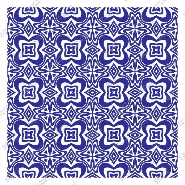نمط زخرفي أزرق وأبيض يتكون من تصميمات هندسية متناظرة تشبه الأزهار والألماس.