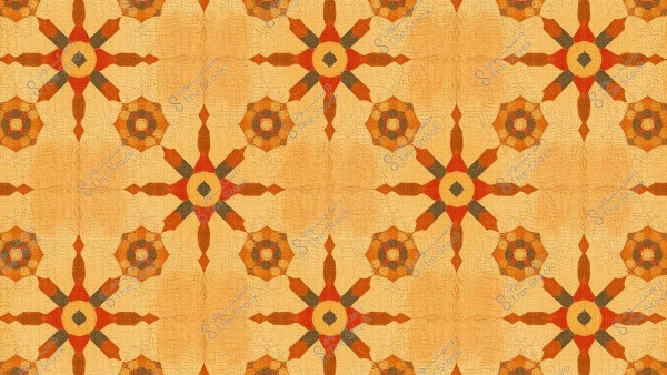 تصميم نمطي هندسي مكرر بألوان دافئة تشمل البرتقالي والأصفر والبني. يتميز التصميم بأشكال نجمية وعناصر زخرفية تشبه الفسيفساء, مما يعطي انطباعاً فنياً تقليدياً.