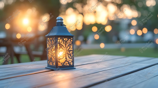 A traditional metal lantern with Arabic designs emitting light on a wooden table, with a background of soft bokeh lights and natural scenery during sunset.