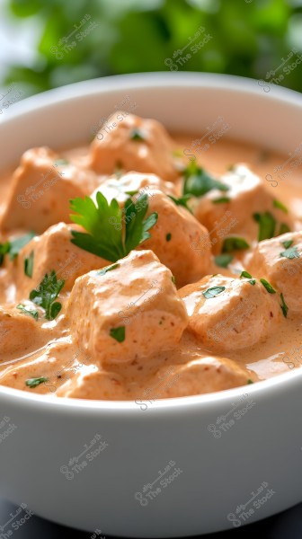 An image of a dish consisting of chicken cubes covered in an orange creamy sauce, garnished with fresh parsley leaves. The chicken is placed in a white bowl, with a blurred background featuring green hues suggesting the presence of plants or greenery.