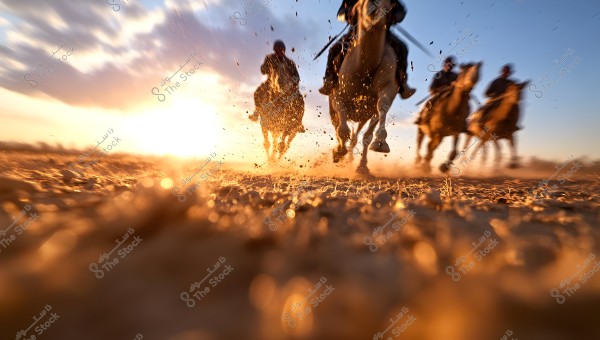 A group of riders on horseback galloping swiftly across a dusty field, with dirt and dust flying up. The warm, golden sunlight illuminates the scene from the background. The horizon stretches with light clouds in the sky.