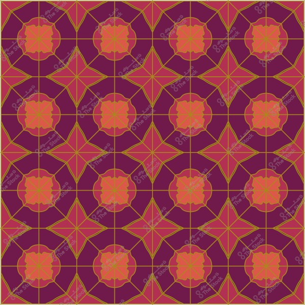 Islamic geometric pattern with repeated purple, pink, and orange colors in a traditional tile style.