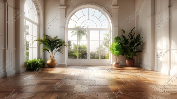 The image shows a bright room with elegant interior decor. The room features a large arched window allowing natural light to flood in. Green plants in pots are placed on the floor, with a wooden floor adding a warm touch to the space. Through the window, an outdoor view with palm trees and other plants is visible.