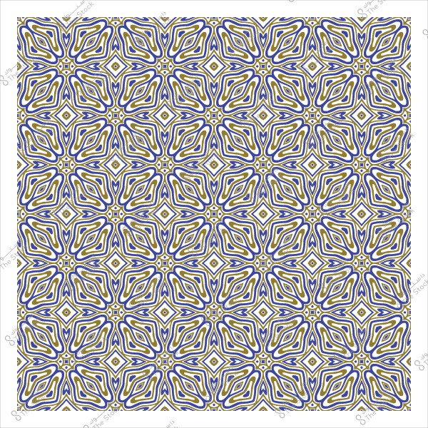 An Islamic pattern in blue and yellow colors, featuring a complex, repetitive geometric design.