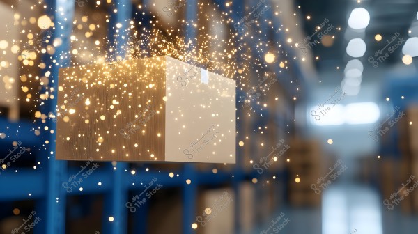 An image of a cardboard box floating in the air of a warehouse, surrounded by shimmering golden light resembling stars. In the background, warehouse shelves filled with other boxes appear blurred, adding a magical touch to the scene.\r\n\r\n-