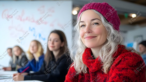 The image shows a woman wearing a red sweater and a pink knitted hat, sitting in what appears to be a classroom setting. In the background, there\'s a whiteboard with illegible writing and several people who appear to be students.