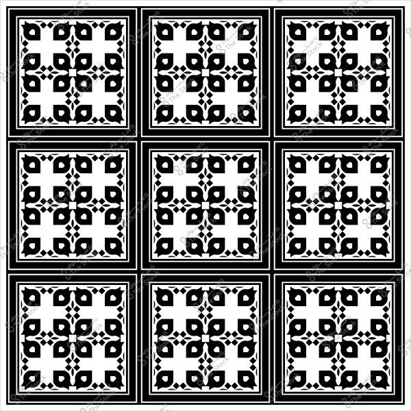 Patterned square with a black and white design featuring repetitive geometric shapes.