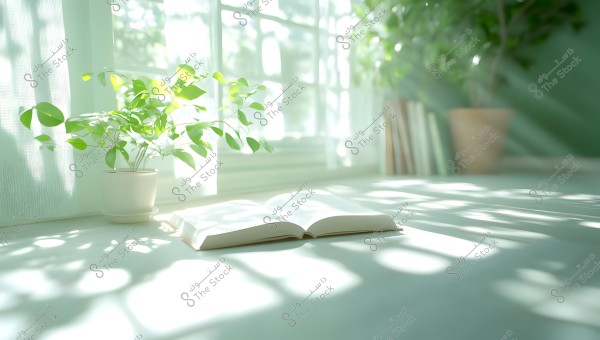 An image of an open book placed on a table in front of a large window. Natural light fills the room, casting gentle shadows on the book. On the left side, there is a green potted plant adding a sense of calm and nature to the setting.