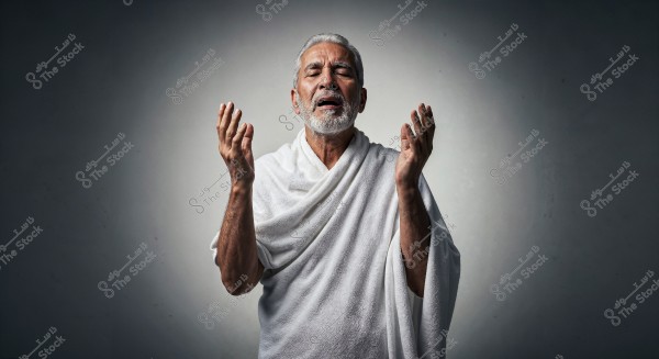 A portrait of an elderly man wearing white Ihram clothing, raising his hands as if in prayer or contemplation. The background is dark with light highlighting his face and clear details.
