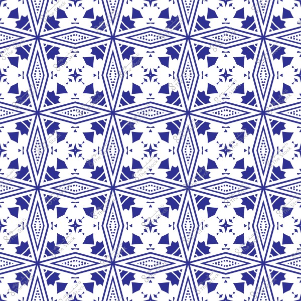 تصميم نمط هندسي متكرر باللونين الأزرق والأبيض, يتكون من أشكال ماسية وزخارف نجمية. تتضمن الأشكال تكرارات خطوط وأجزاء زخرفية تضيف تعقيدًا للنمط. الخلفية بيضاء مع تفاصيل باللون الأزرق الداكن.