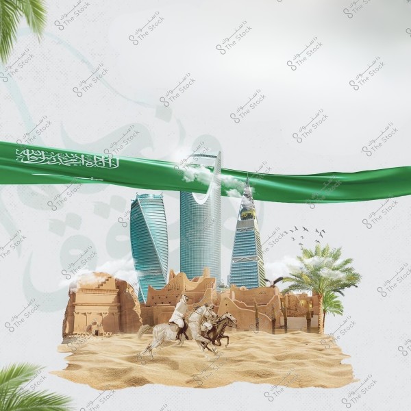The image depicts a scene combining elements from Saudi Arabia. In the background, the green Saudi flag with its emblem is visible. Prominent modern landmarks like famous towers are highlighted in the center. In the foreground, a traditional desert scene with horsemen riding horses and palm trees can be seen. Traditional buildings are also visible in the background, giving a cultural and historical impression of the country.